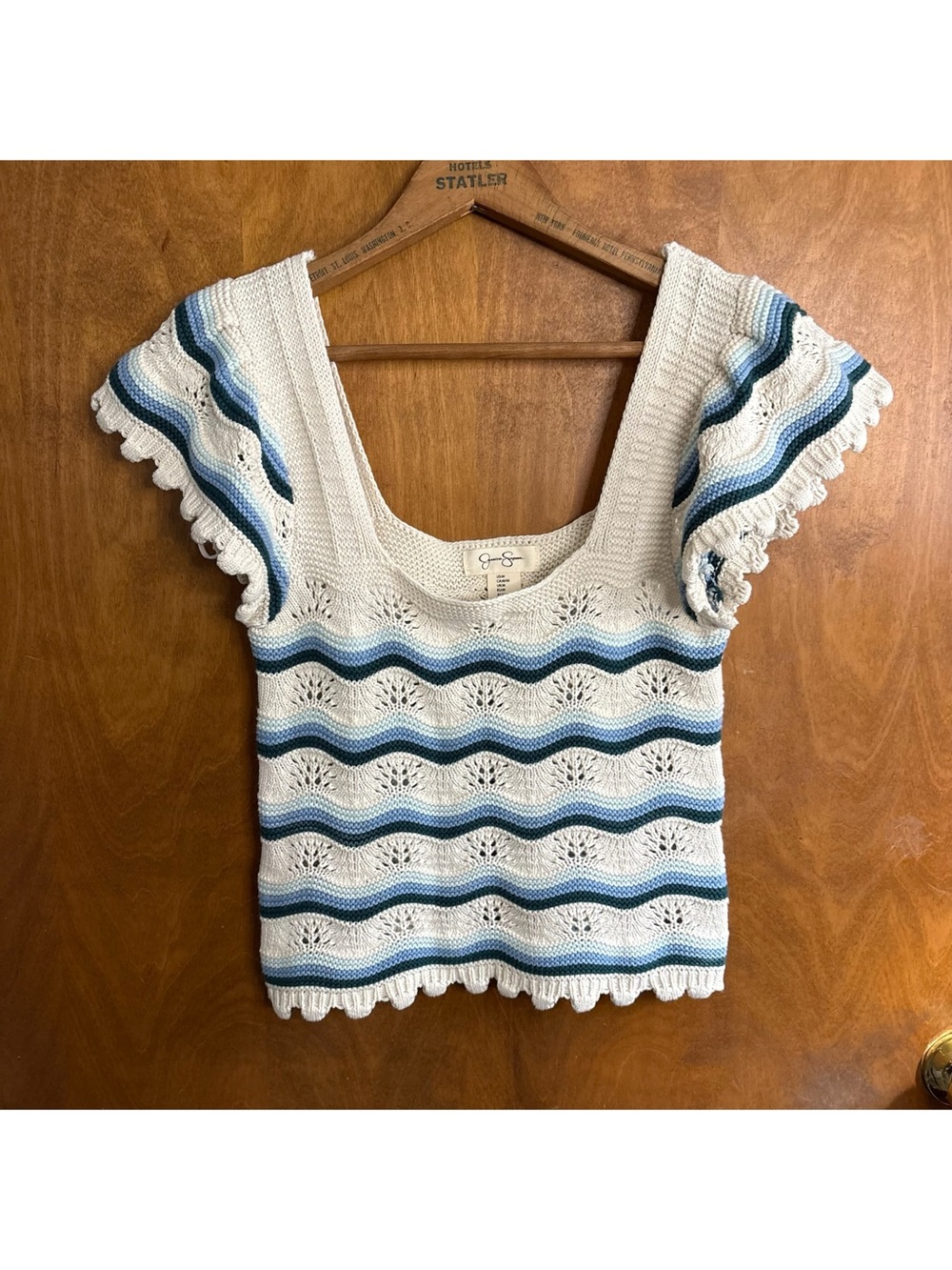 Crochet Square Neck Cream Blue Wavy Striped Knit Top Y2K Boho Festival Coastal